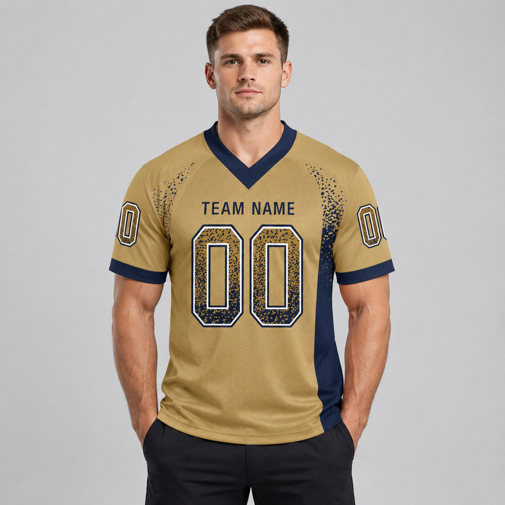 Custom Old Gold Drift Football Jersey with Navy and White Lettering worn by male model