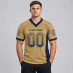 Custom Old Gold Drift Football Jersey with Navy and White Lettering worn by male model