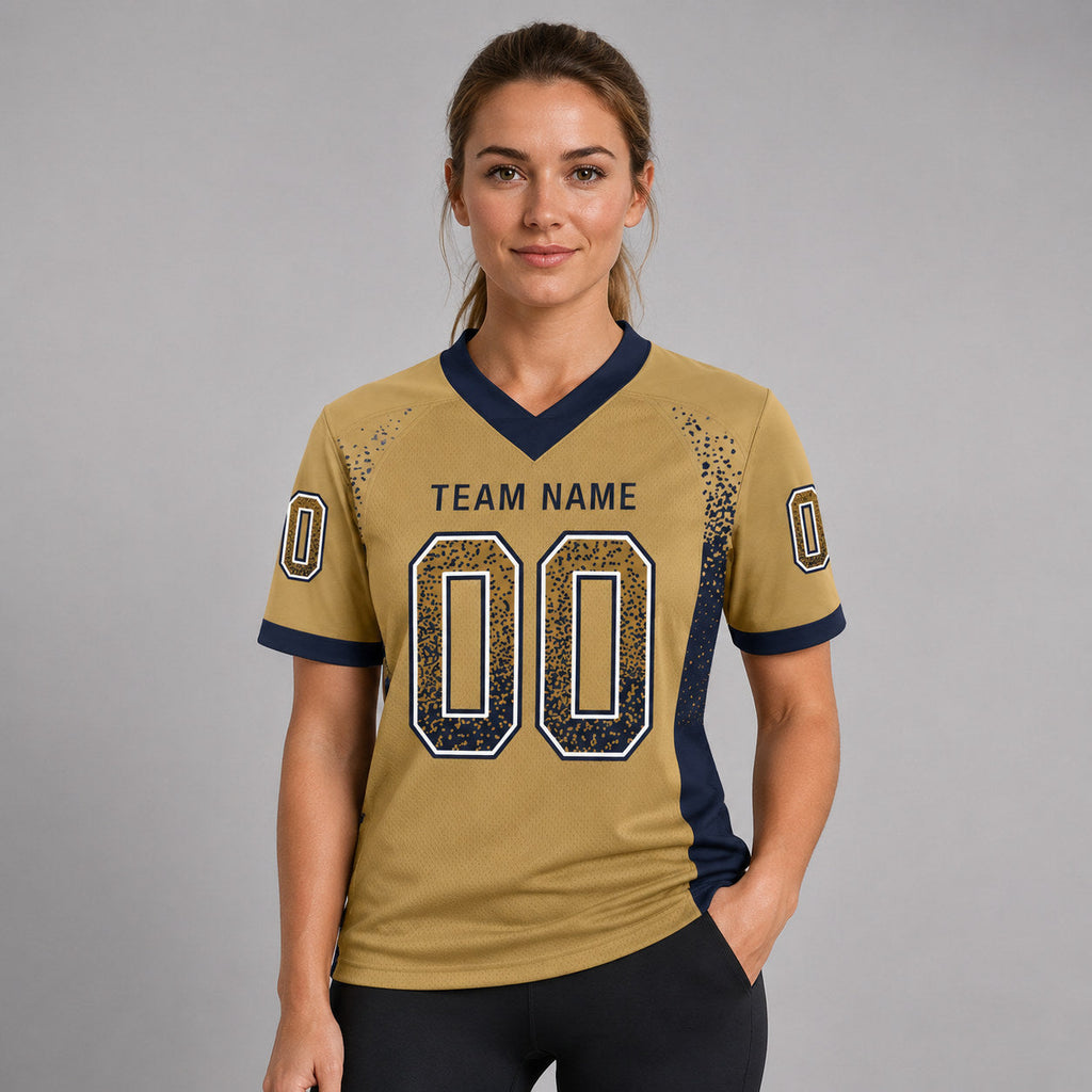 Custom Old Gold Drift Football Jersey with Navy and White Lettering worn by female model