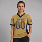 Custom Old Gold Drift Football Jersey with Navy and White Lettering worn by female model