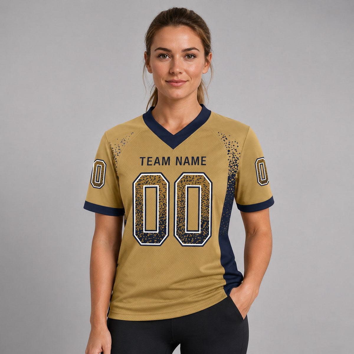 Custom Old Gold Drift Football Jersey with Navy and White Lettering worn by female model