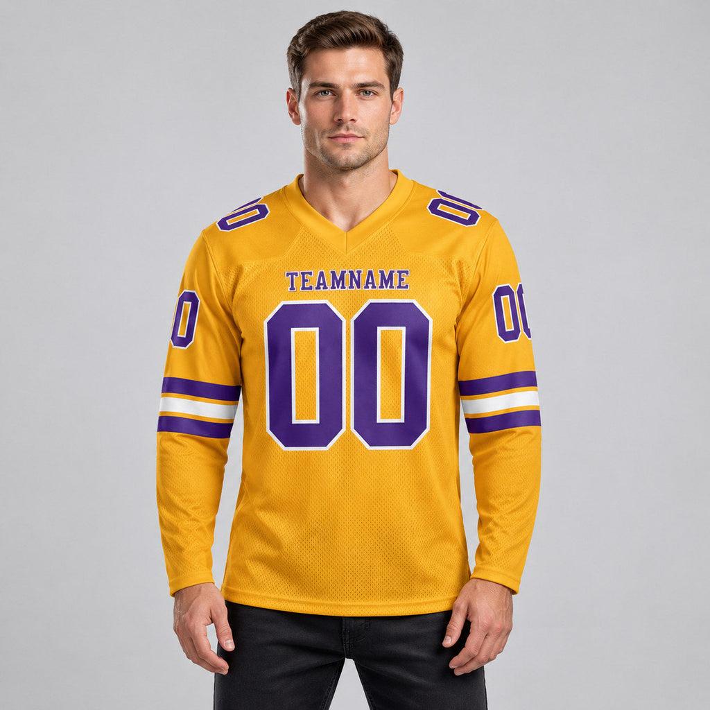 Custom Old Gold Long Sleeve Authentic Football Jersey with Purple and White Lettering worn by male model