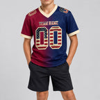 Custom Navy Vintage USA Flag Gradient Authentic Football Jersey with Maroon and Cream Lettering youth size worn by child model