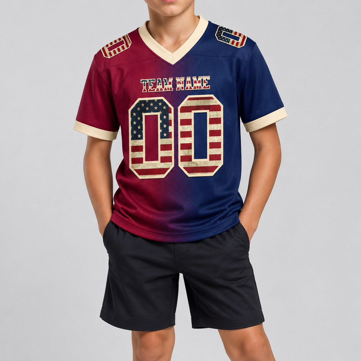 Custom Navy Vintage USA Flag Gradient Authentic Football Jersey with Maroon and Cream Lettering youth size worn by child model