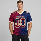 Custom Navy Vintage USA Flag Gradient Authentic Football Jersey with Maroon and Cream Lettering worn by male model