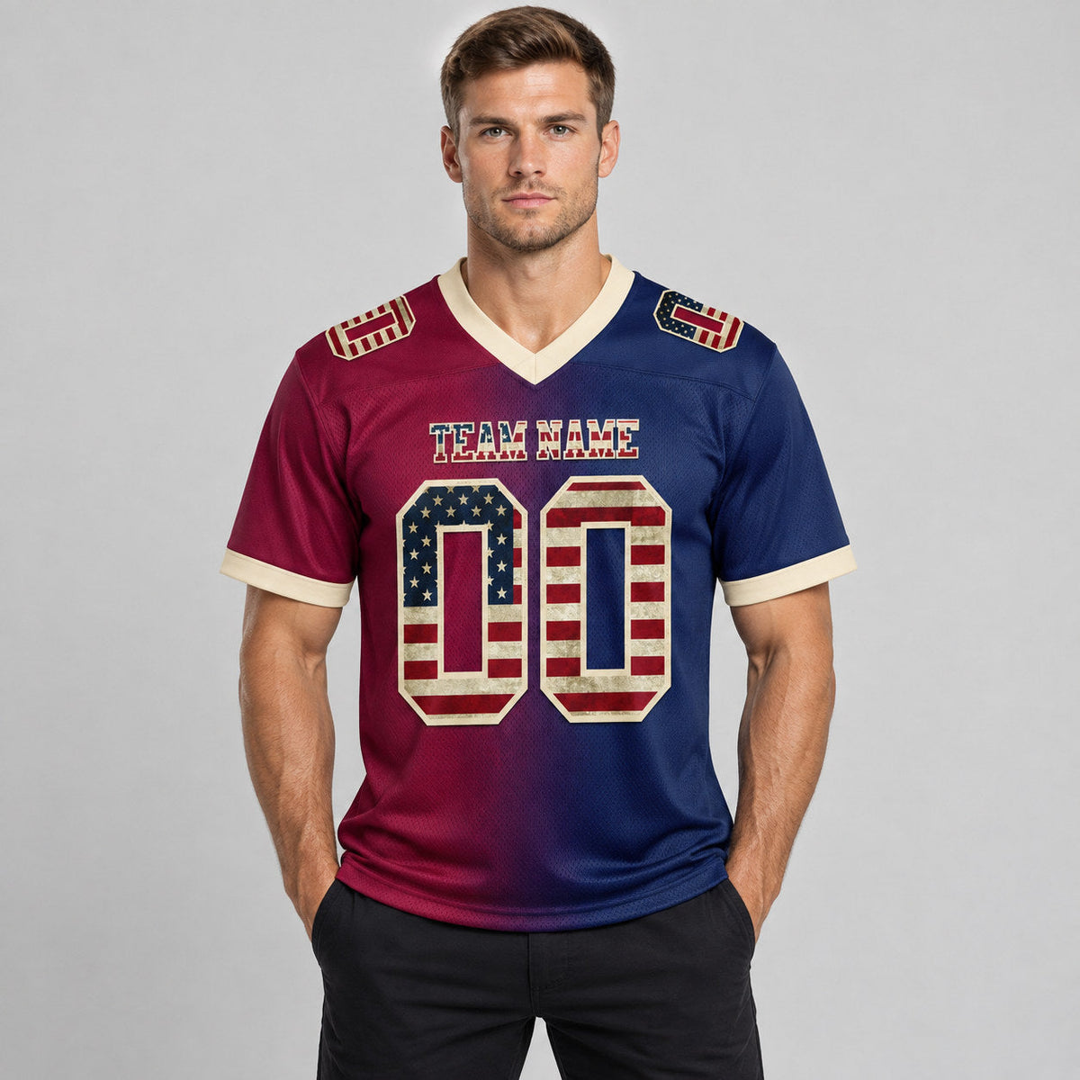 Custom Navy Vintage USA Flag Gradient Authentic Football Jersey with Maroon and Cream Lettering worn by male model