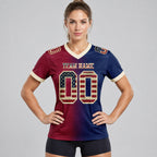 Custom Navy Vintage USA Flag Gradient Authentic Football Jersey with Maroon and Cream Lettering worn by female model