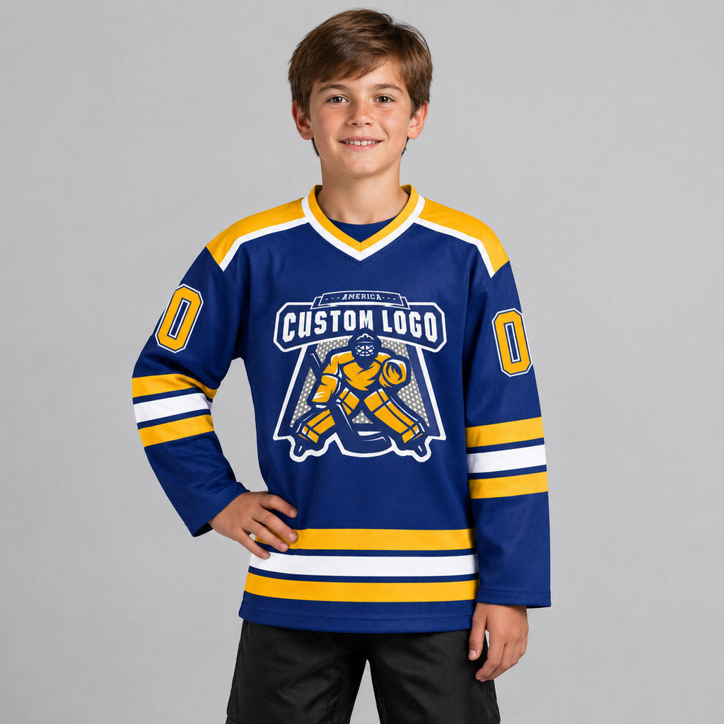 Custom Royal Hockey Jersey with Gold and White Lettering Design 0390 youth size worn by child model