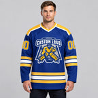 Custom Royal Hockey Jersey with Gold and White Lettering Design 0390 worn by male model