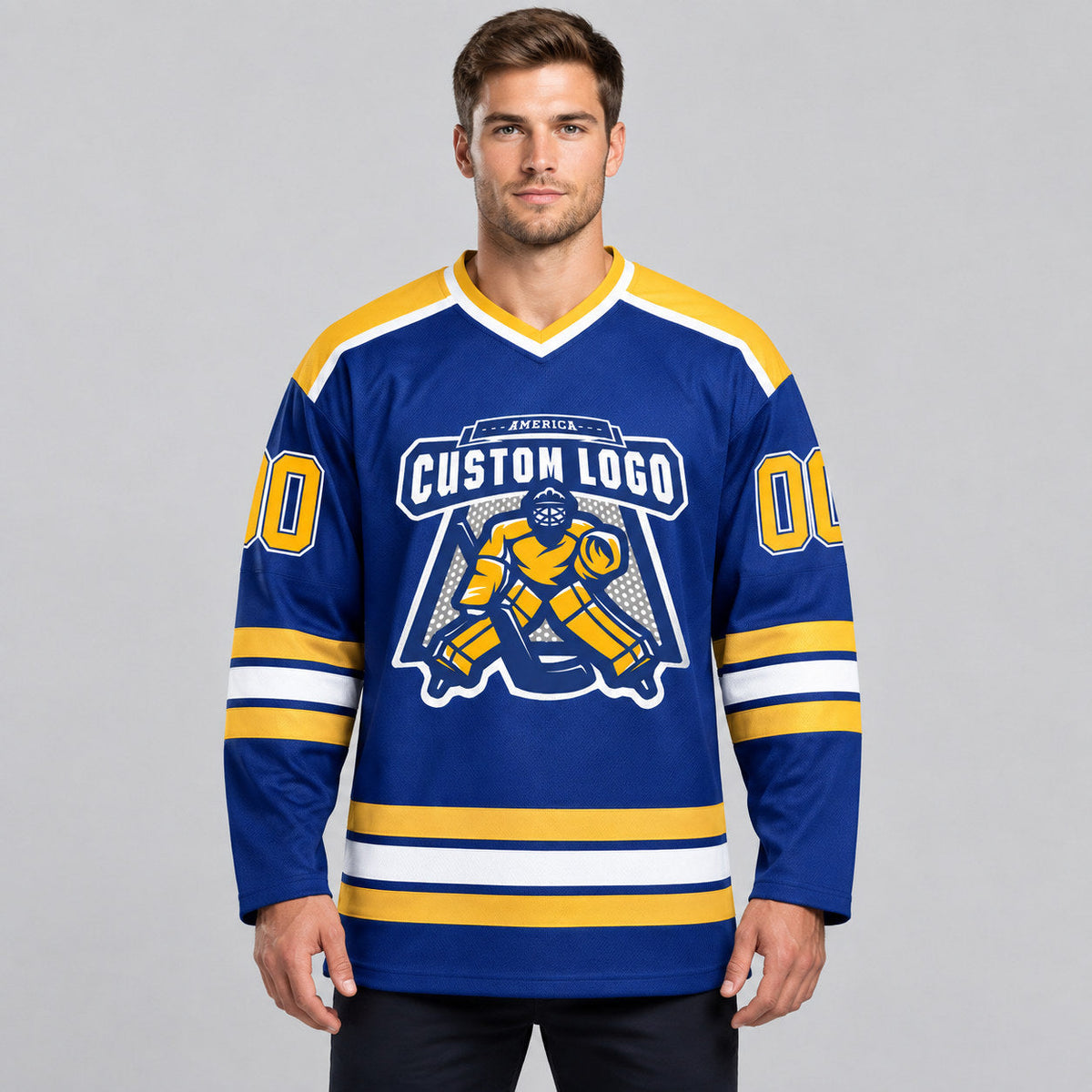 Custom Royal Hockey Jersey with Gold and White Lettering Design 0390 worn by male model