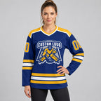 Custom Royal Hockey Jersey with Gold and White Lettering Design 0390 worn by female model