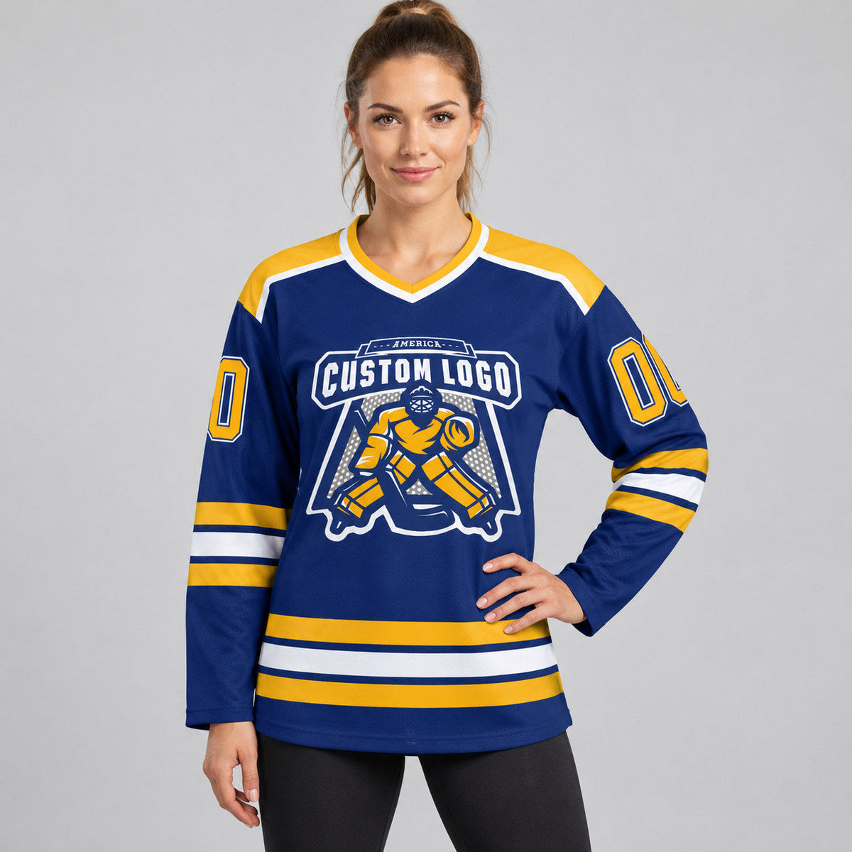 Custom Royal Hockey Jersey with Gold and White Lettering Design 0390 worn by female model