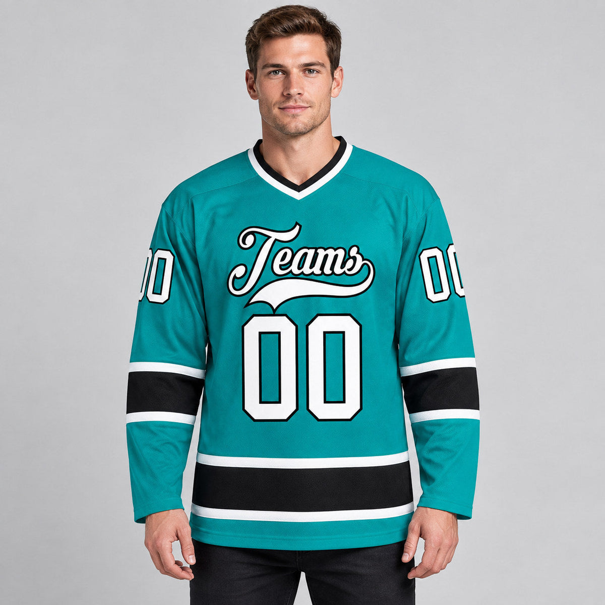 Custom Aqua Hockey Jersey with White and Black Lettering worn by male model