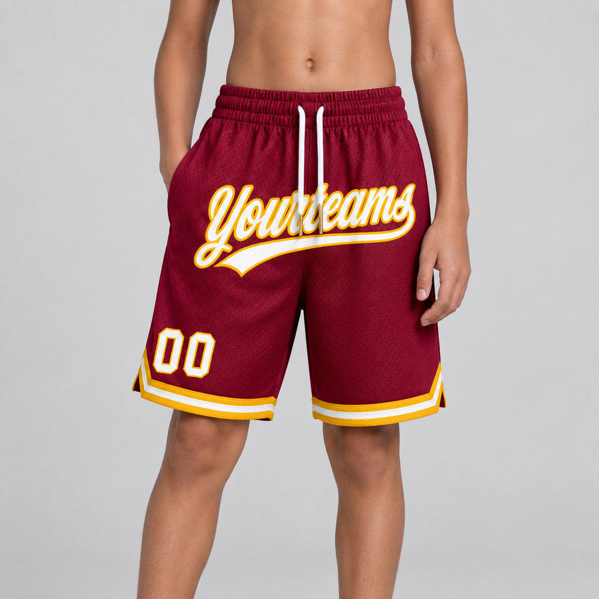 Custom Maroon Authentic Throwback Basketball Shorts with White and Gold Lettering Design 0084 youth size worn by child model