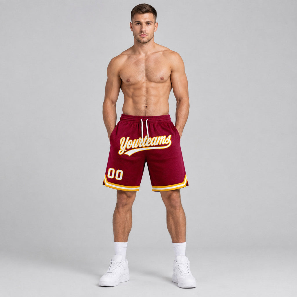 Custom Maroon Authentic Throwback Basketball Shorts with White and Gold Lettering Design 0084 worn by male model