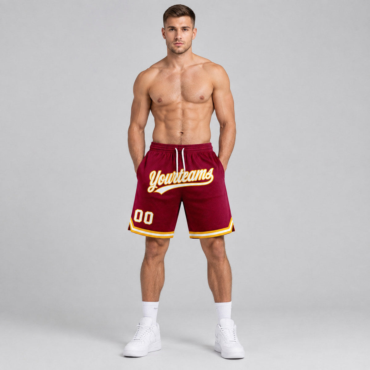 Custom Maroon Authentic Throwback Basketball Shorts with White and Gold Lettering Design 0084 worn by male model