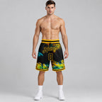 Custom Black and Gold Graffiti Authentic Basketball Shorts worn by male model