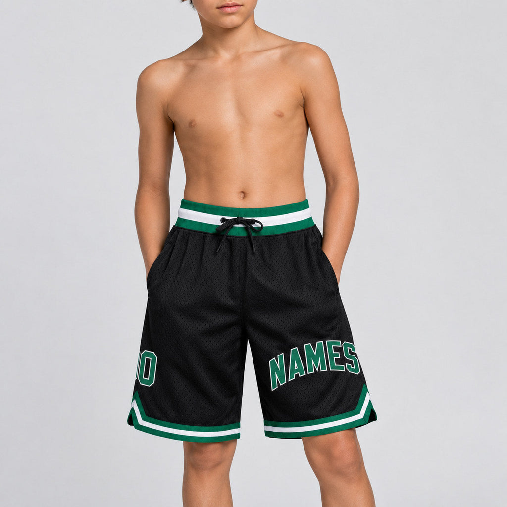 Custom Black Authentic Throwback Basketball Shorts with Kelly Green and White Lettering Design 0255 youth size worn by child model