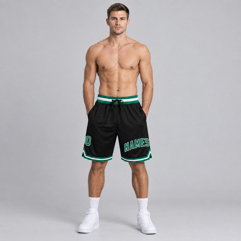 Custom Black Authentic Throwback Basketball Shorts with Kelly Green and White Lettering Design 0255 worn by male model