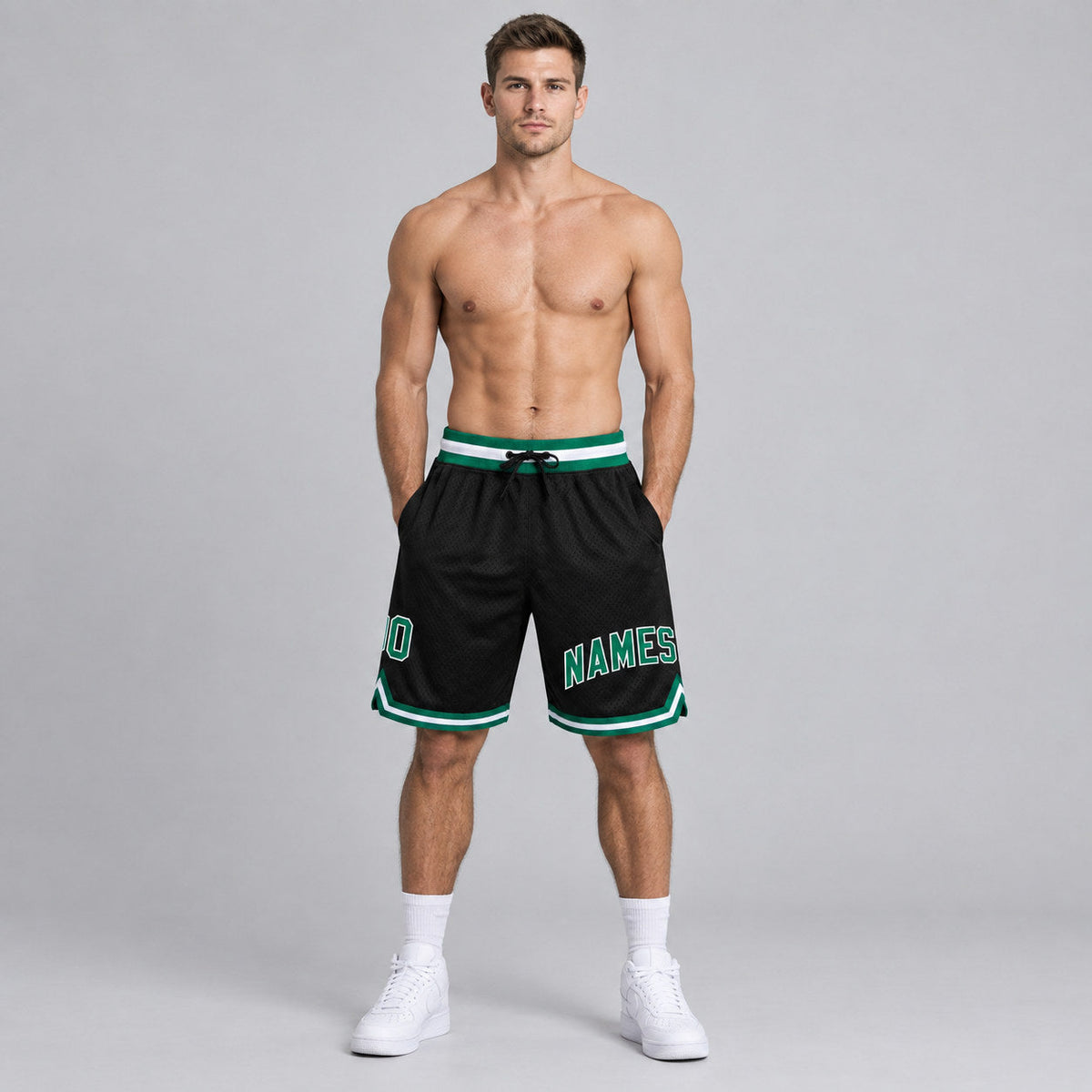 Custom Black Authentic Throwback Basketball Shorts with Kelly Green and White Lettering Design 0255 worn by male model