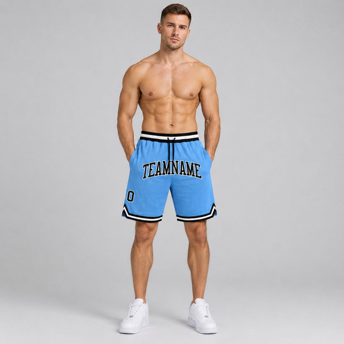 Custom Light Blue Authentic Throwback Basketball Shorts with Black and White Lettering Design 0328 worn by male model