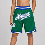 Custom Kelly Green Authentic Throwback Basketball Shorts with White and Royal Lettering youth size worn by child model
