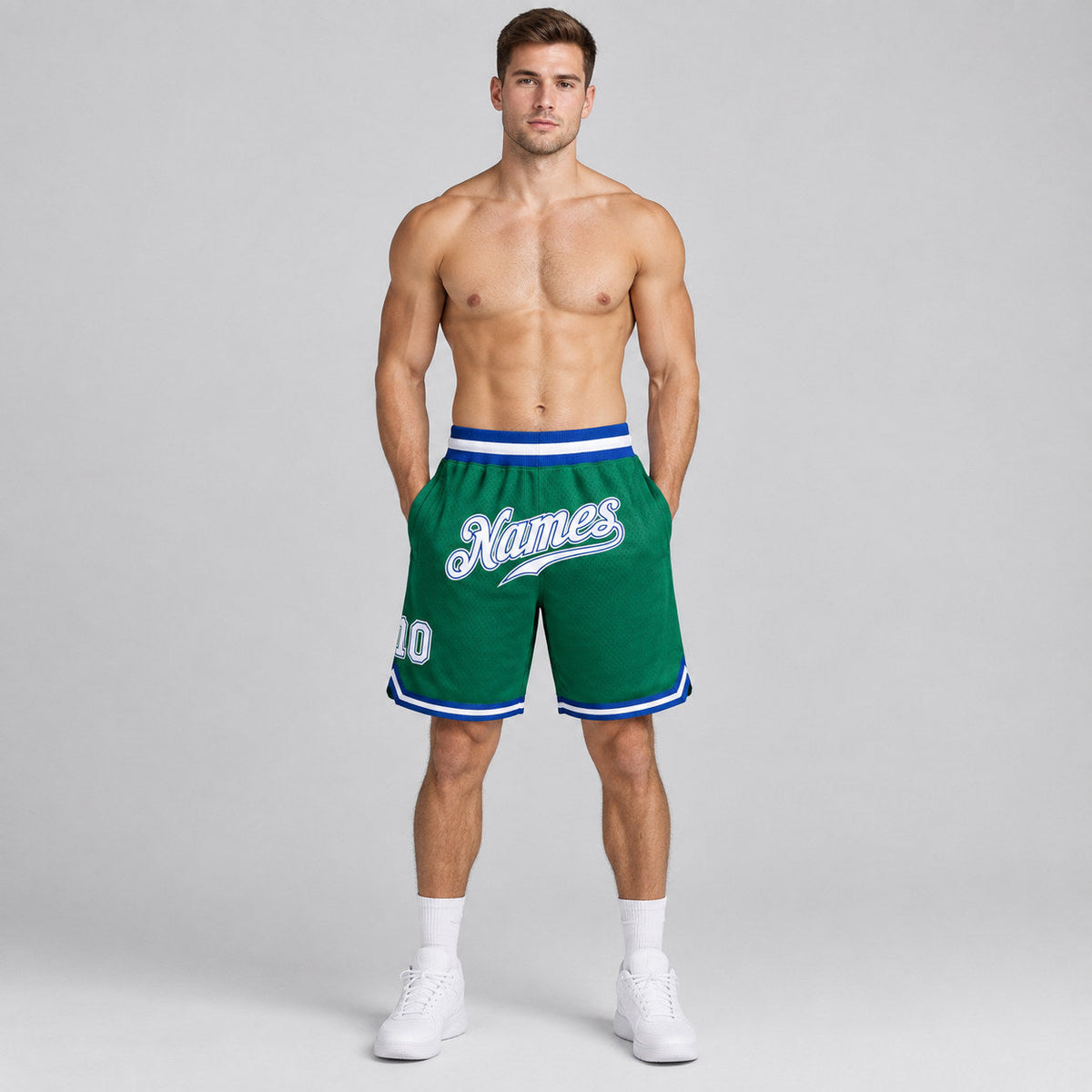 Custom Kelly Green Authentic Throwback Basketball Shorts with White and Royal Lettering worn by male model