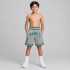 Custom Gray Authentic Throwback Basketball Shorts with Kelly Green and White Lettering Design 0012 youth size worn by child model