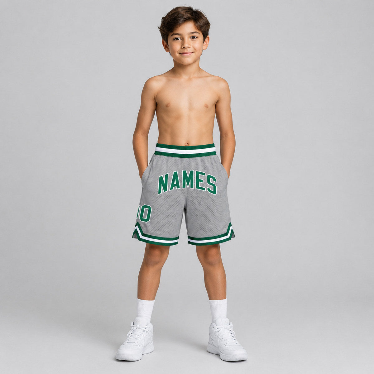Custom Gray Authentic Throwback Basketball Shorts with Kelly Green and White Lettering Design 0012 youth size worn by child model