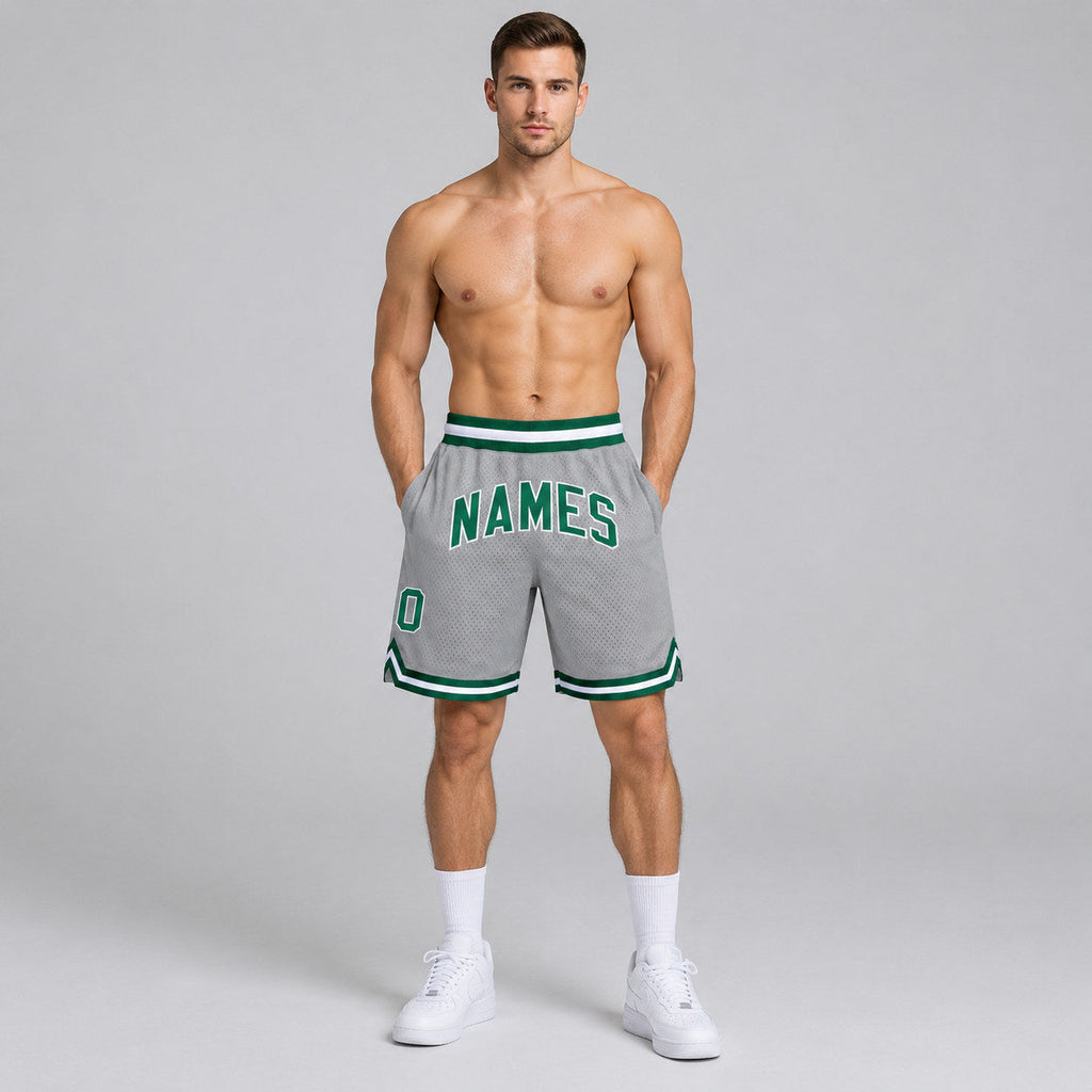 Custom Gray Authentic Throwback Basketball Shorts with Kelly Green and White Lettering Design 0012 worn by male model