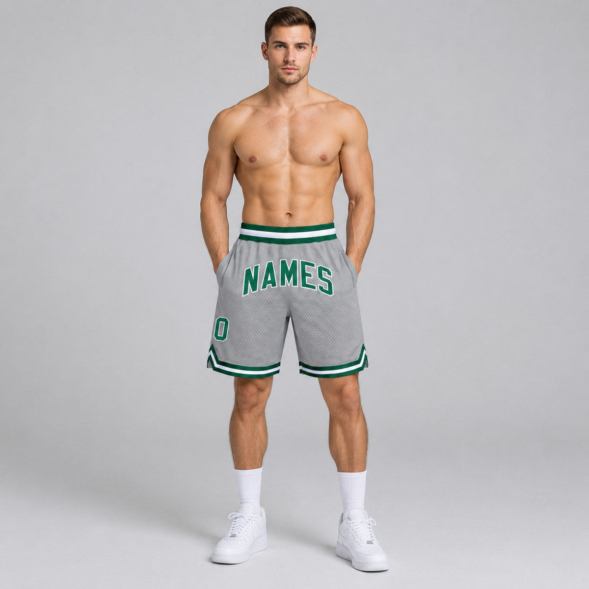 Custom Gray Authentic Throwback Basketball Shorts with Kelly Green and White Lettering Design 0012 worn by male model