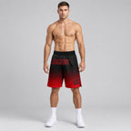 Custom Black Fade Pinstripe Authentic Basketball Shorts with Red Lettering worn by male model