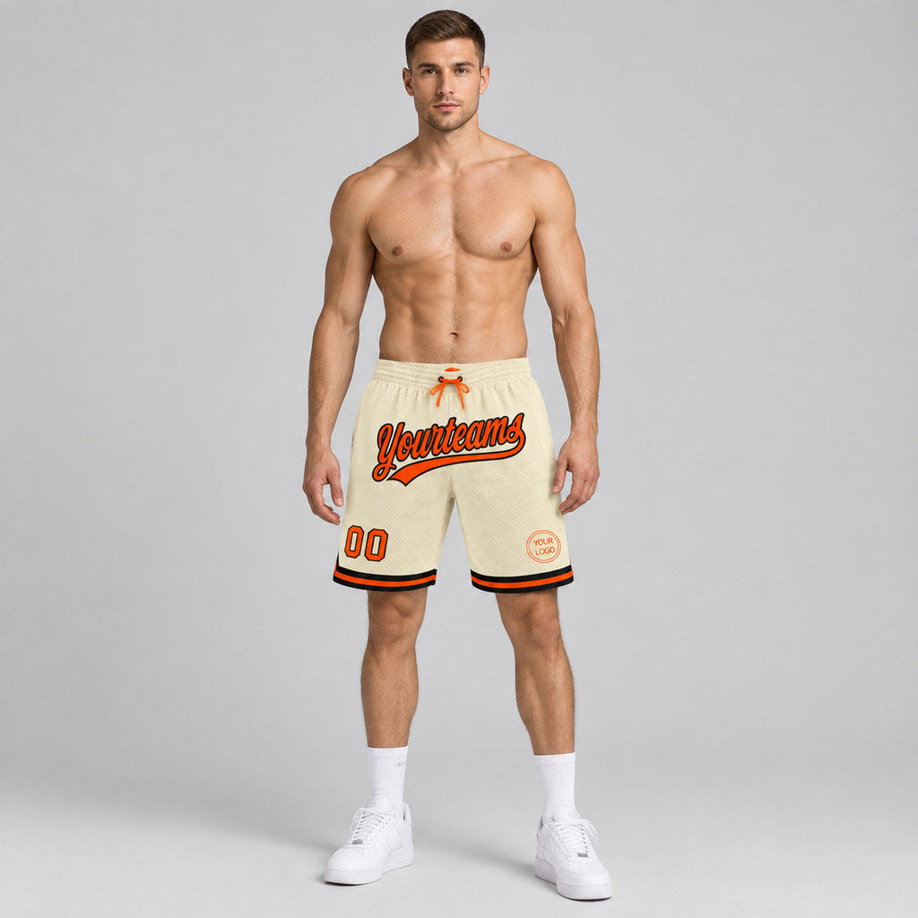 Custom Cream Authentic Throwback Basketball Shorts with Orange and Black Lettering Design 0450 worn by male model
