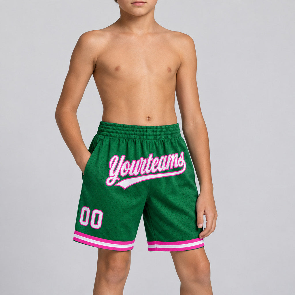 Custom Kelly Green Authentic Throwback Basketball Shorts with White and Pink Lettering youth size worn by child model