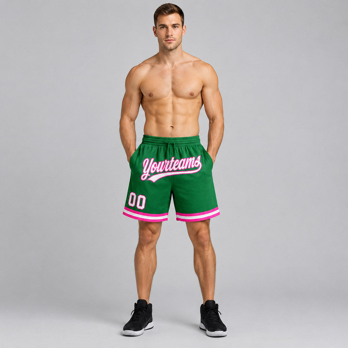 Custom Kelly Green Authentic Throwback Basketball Shorts with White and Pink Lettering worn by male model