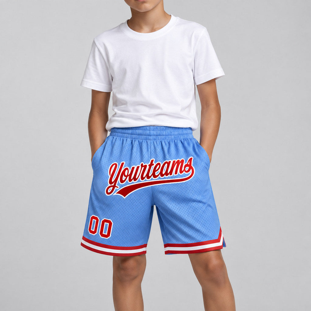 Custom Light Blue Authentic Throwback Basketball Shorts with Red and White Lettering Design 0412 youth size worn by child model