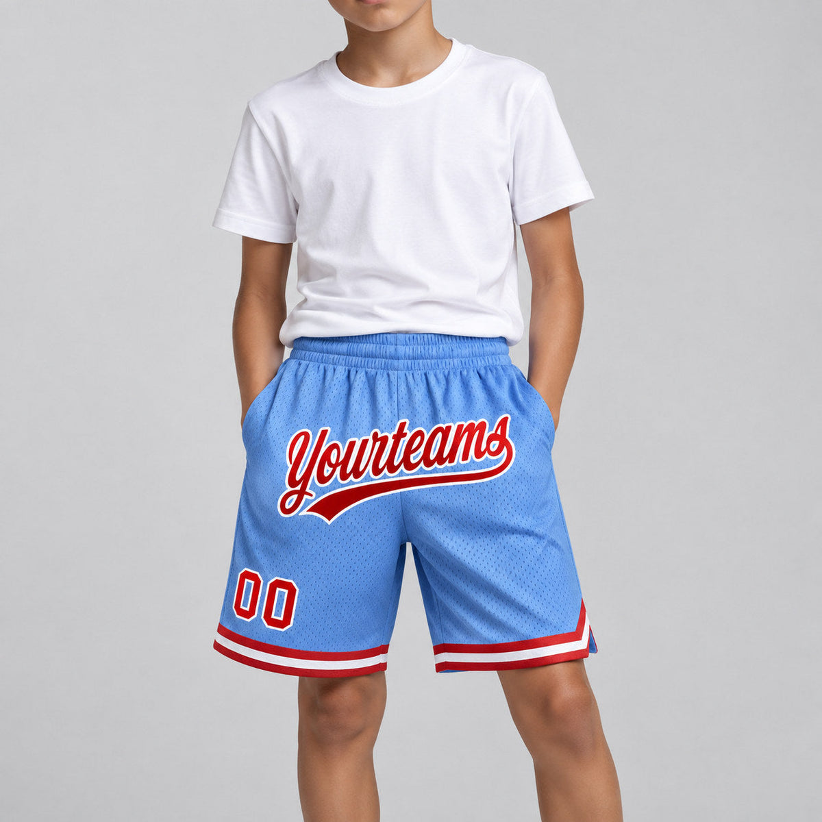 Custom Light Blue Authentic Throwback Basketball Shorts with Red and White Lettering Design 0412 youth size worn by child model