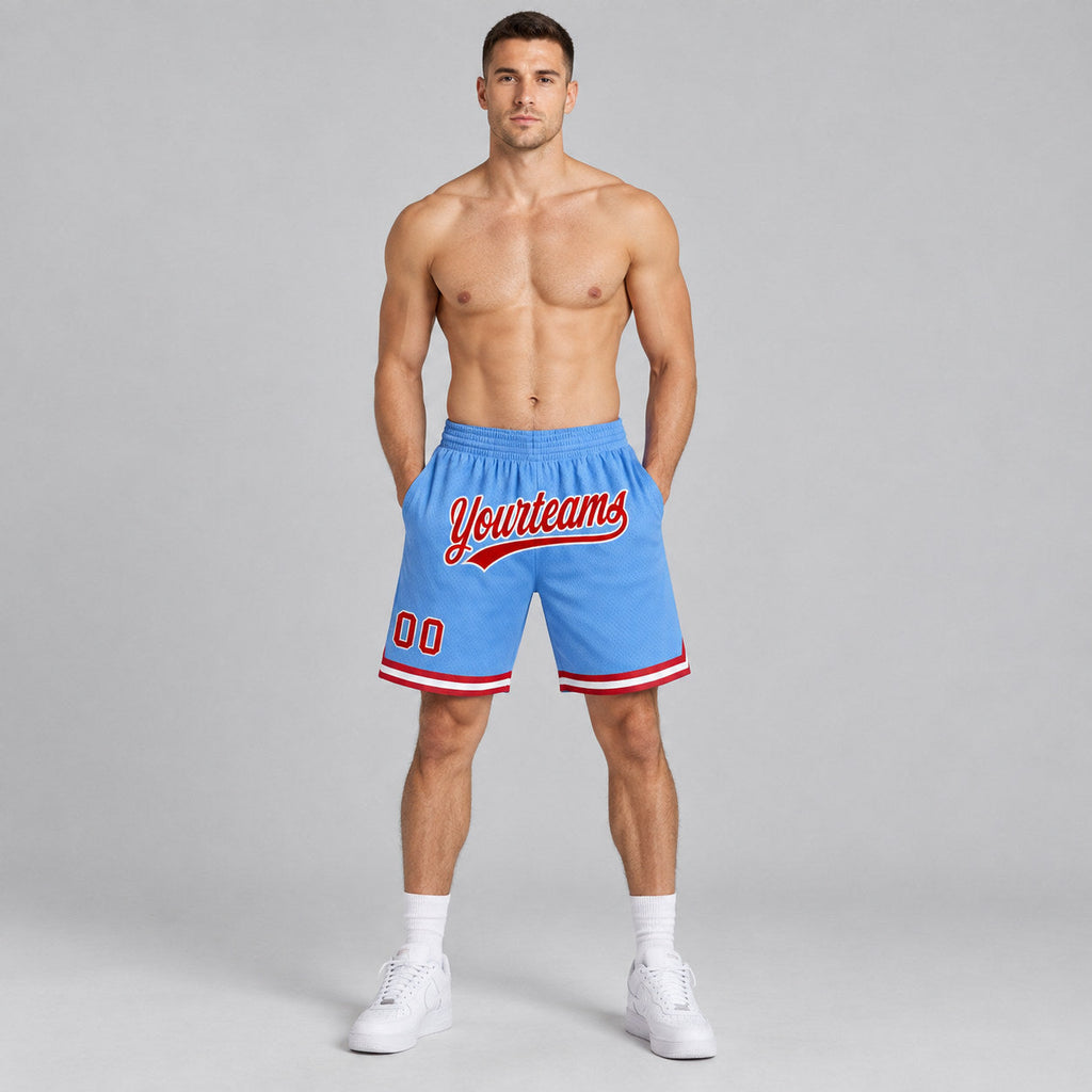 Custom Light Blue Authentic Throwback Basketball Shorts with Red and White Lettering Design 0412 worn by male model