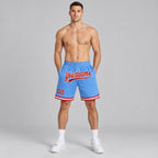 Custom Light Blue Authentic Throwback Basketball Shorts with Red and White Lettering Design 0412 worn by male model