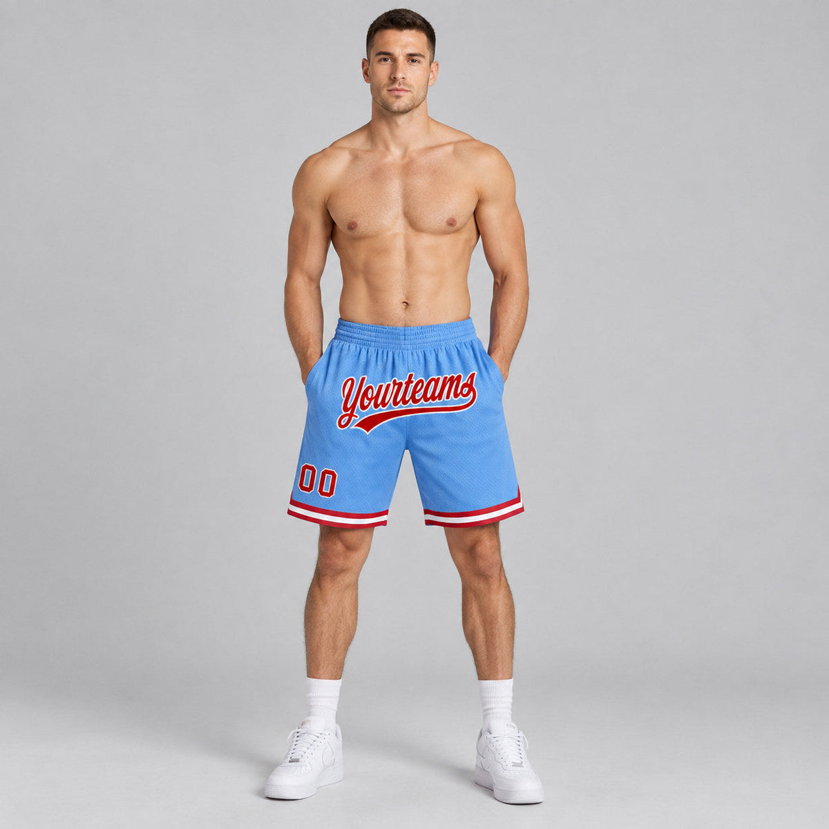 Custom Light Blue Authentic Throwback Basketball Shorts with Red and White Lettering Design 0412 worn by male model