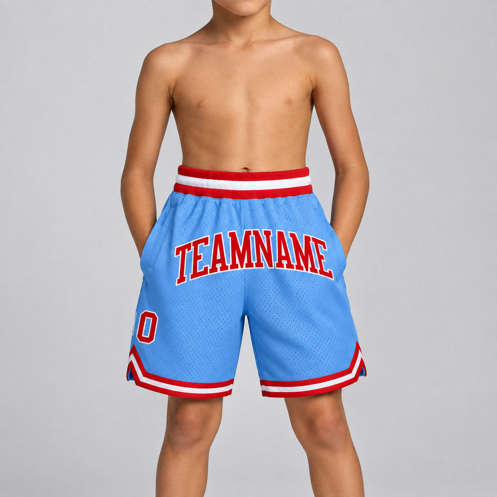 Custom Light Blue Authentic Throwback Basketball Shorts with Red and White Lettering Design 0318 youth size worn by child model