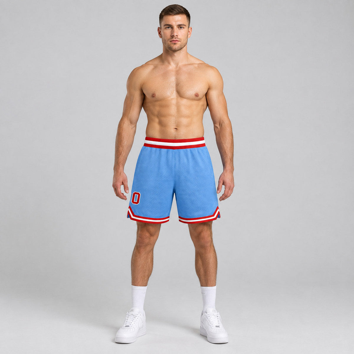 Custom Light Blue Authentic Throwback Basketball Shorts with Red and White Lettering Design 0318 worn by male model