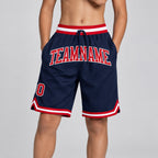 Custom Navy Authentic Throwback Basketball Shorts with Red and White Lettering Design 0536 youth size worn by child model