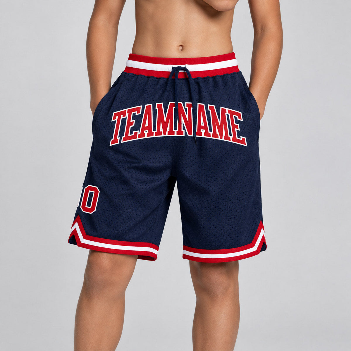 Custom Navy Authentic Throwback Basketball Shorts with Red and White Lettering Design 0536 youth size worn by child model