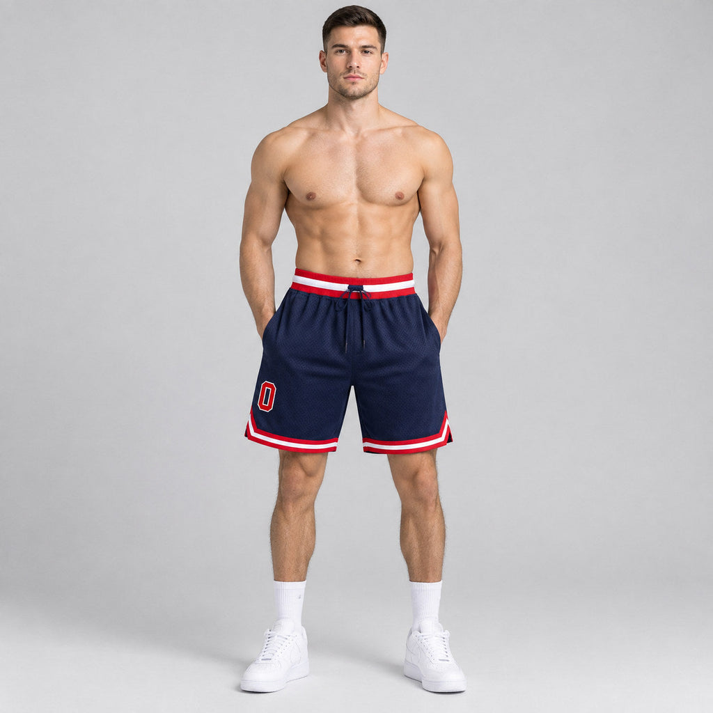 Custom Navy Authentic Throwback Basketball Shorts with Red and White Lettering Design 0536 worn by male model