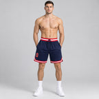 Custom Navy Authentic Throwback Basketball Shorts with Red and White Lettering Design 0536 worn by male model
