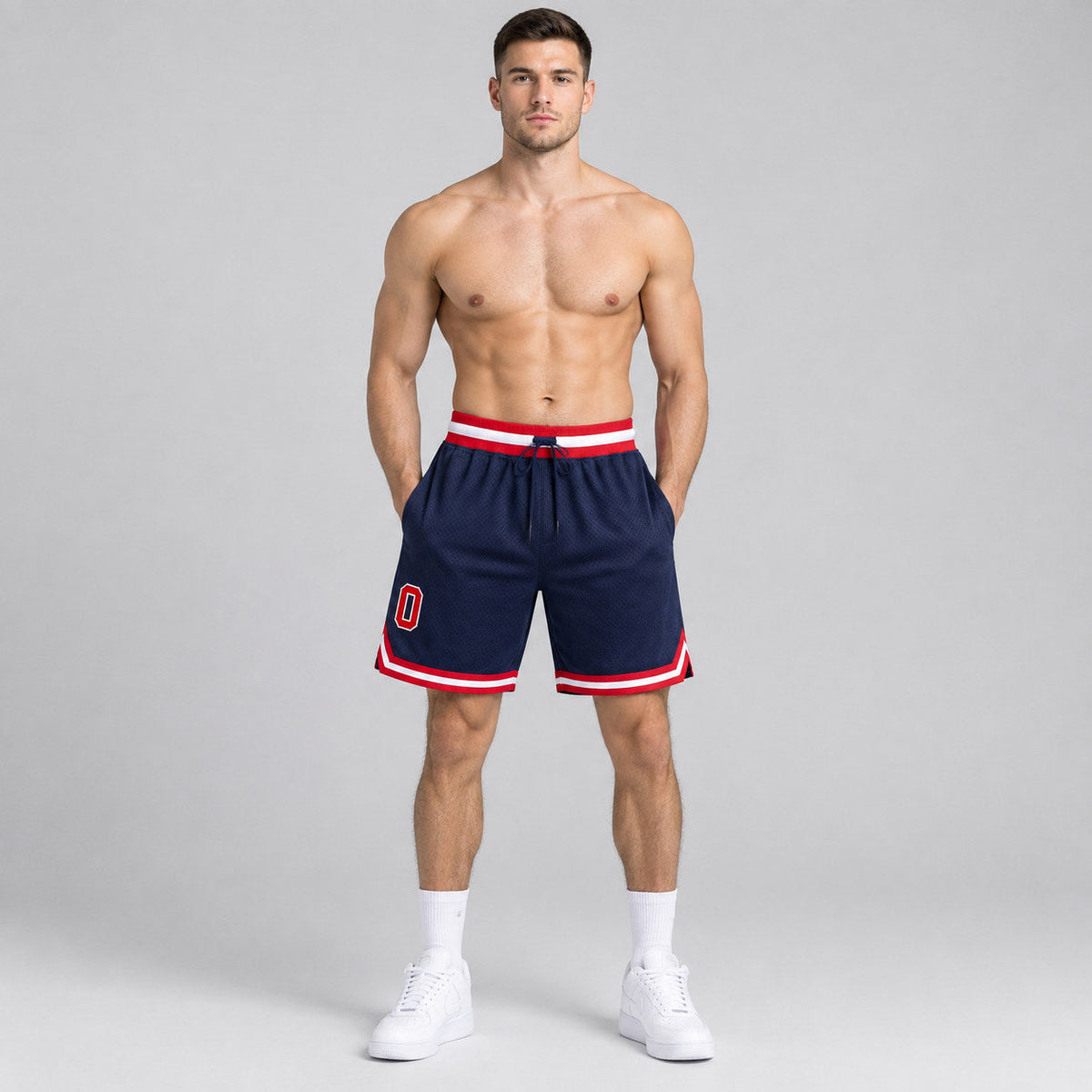 Custom Navy Authentic Throwback Basketball Shorts with Red and White Lettering Design 0536 worn by male model