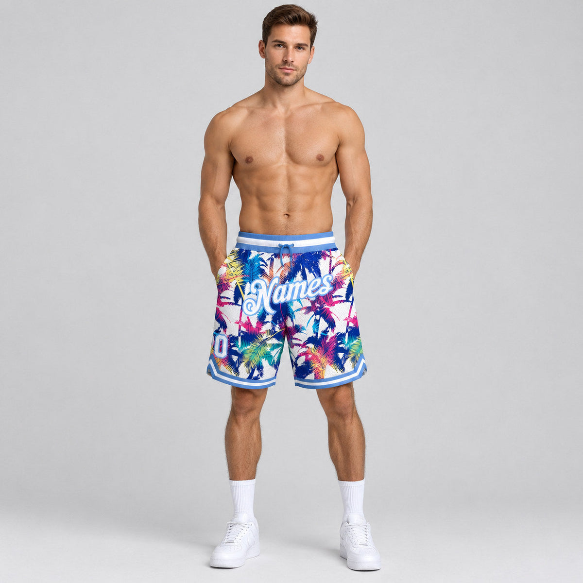 Custom White Palm Trees Authentic Basketball Shorts with White and Light Blue Lettering worn by male model