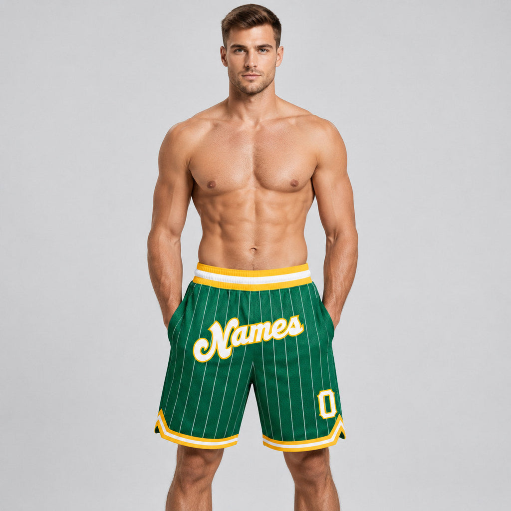 Custom Kelly Green and White Pinstripe Authentic Basketball Shorts with White and Gold Lettering worn by male model