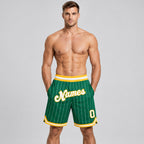 Custom Kelly Green and White Pinstripe Authentic Basketball Shorts with White and Gold Lettering worn by male model